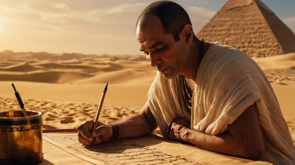 A majestic scene of an ancient Egyptian scribe writing on a golden papyrus scroll, warm lighting, desert background with pyramids faintly visible, realistic yet artistic style.