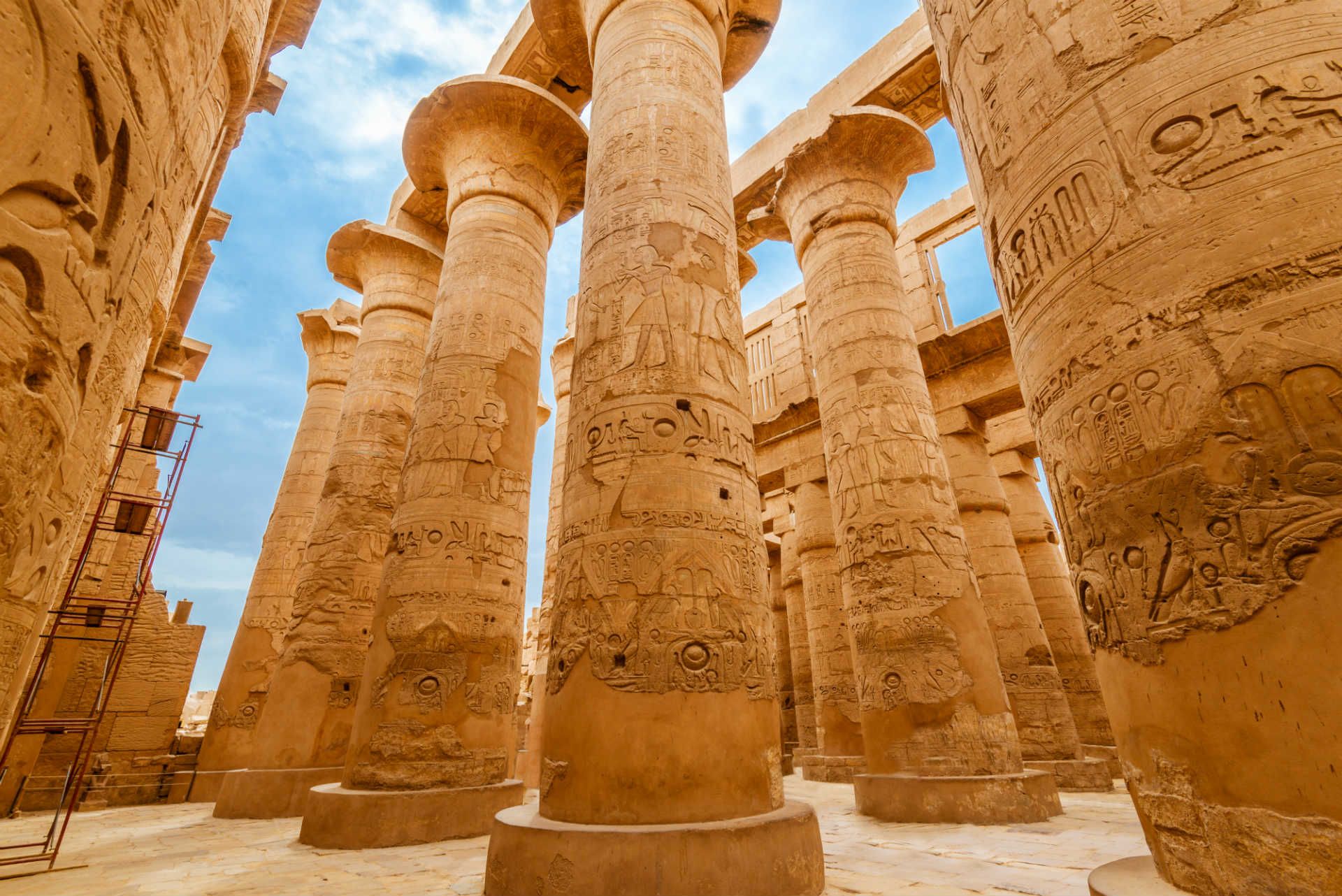 Colossal papyrus-column forest in the Great Hypostyle Hall at Karnak Temple